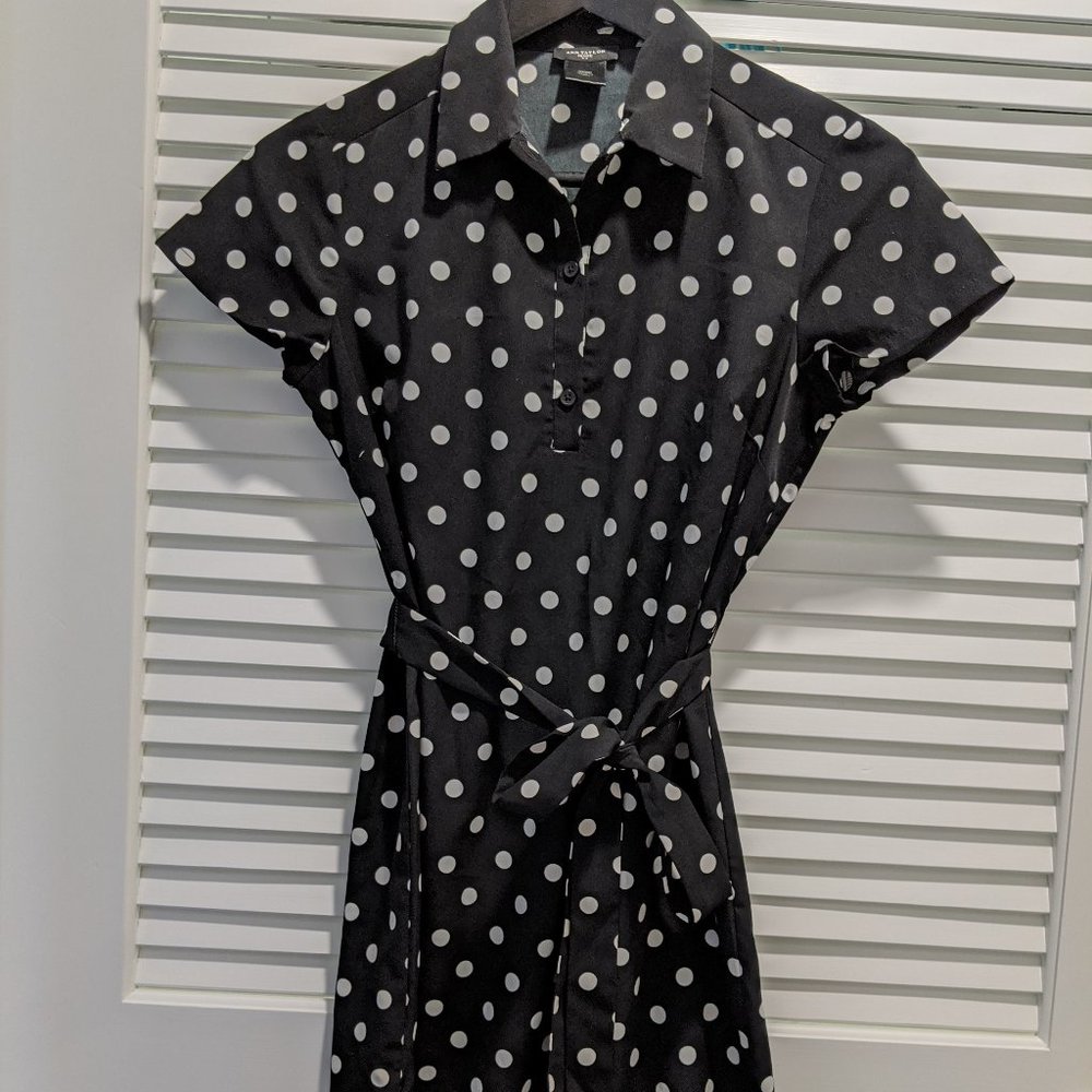 ANN TAYLOR Black & White Polka Dot Belt Dress